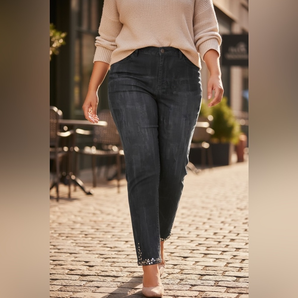 Lane Bryant Women’s Flex Magic Waist Mid Rise Skinny Jeweled Detail Hem Jeans 18